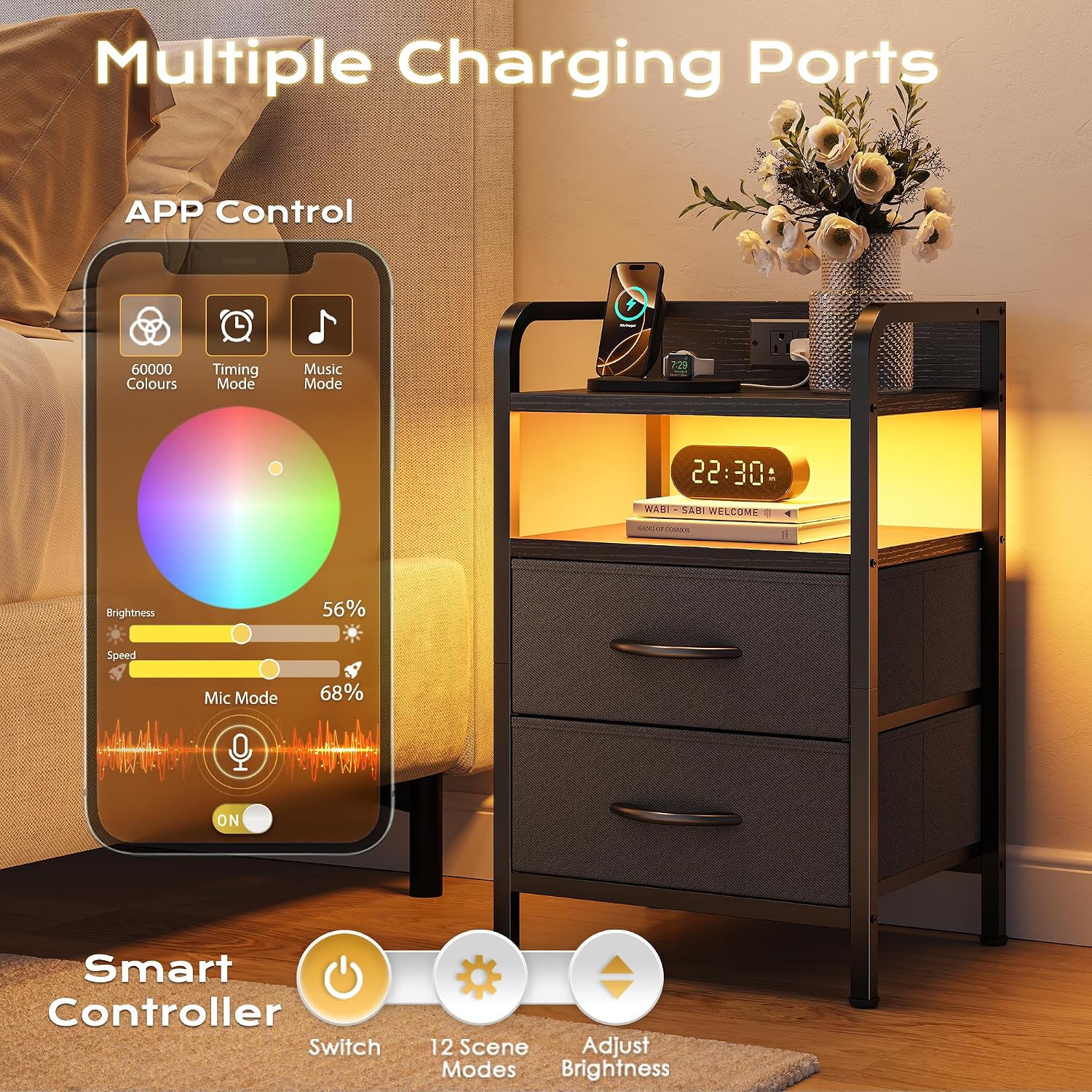 Huuger Nightstands Set of 2, Night Stand with LED Lights, Charging Station and USB-C Ports, 2 Drawers Bed Side Table, Open Shelf, 2-Way Power Panel Install, End Table for Bedroom, Black