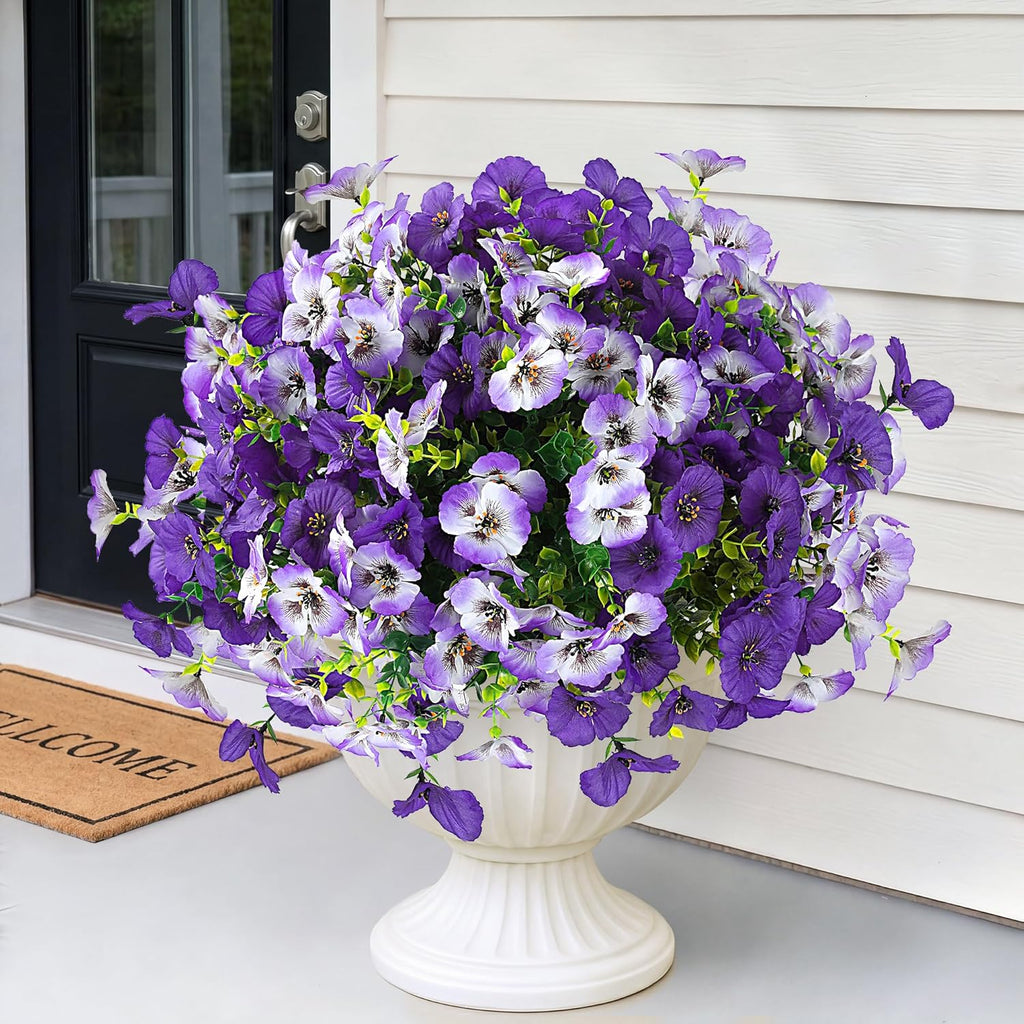 Artificial Pansy Flowers for Outdoors 12 Bundles Realistic Faux Plants UV Resistant Fake Silk Pansy with Eucalyptus for Box Planter Patio Porch Outside Spring Summer Decoration(Gradient Purple)