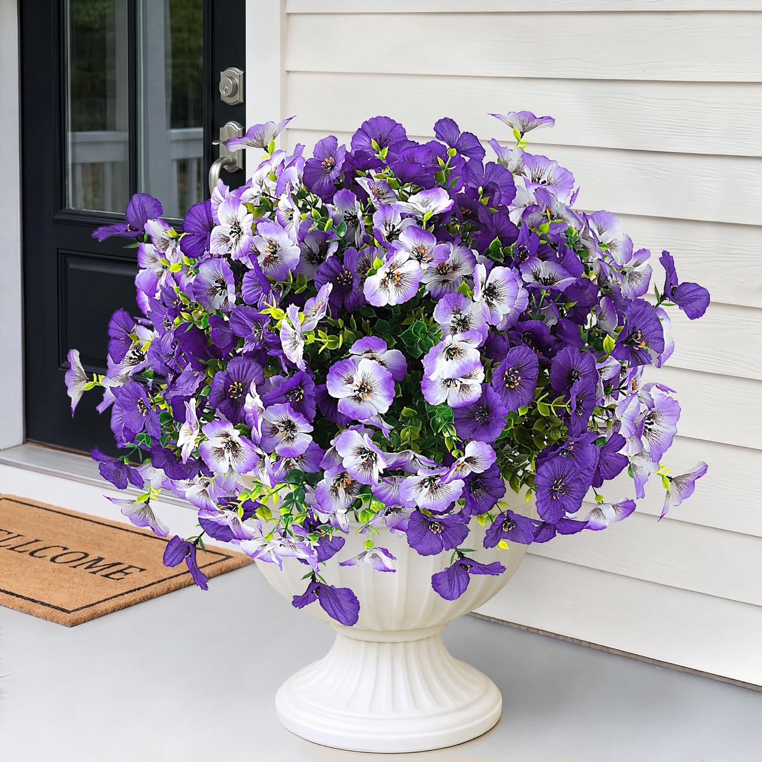 Artificial Pansy Flowers for Outdoors 12 Bundles Realistic Faux Plants UV Resistant Fake Silk Pansy with Eucalyptus for Box Planter Patio Porch Outside Spring Summer Decoration(Gradient Purple)