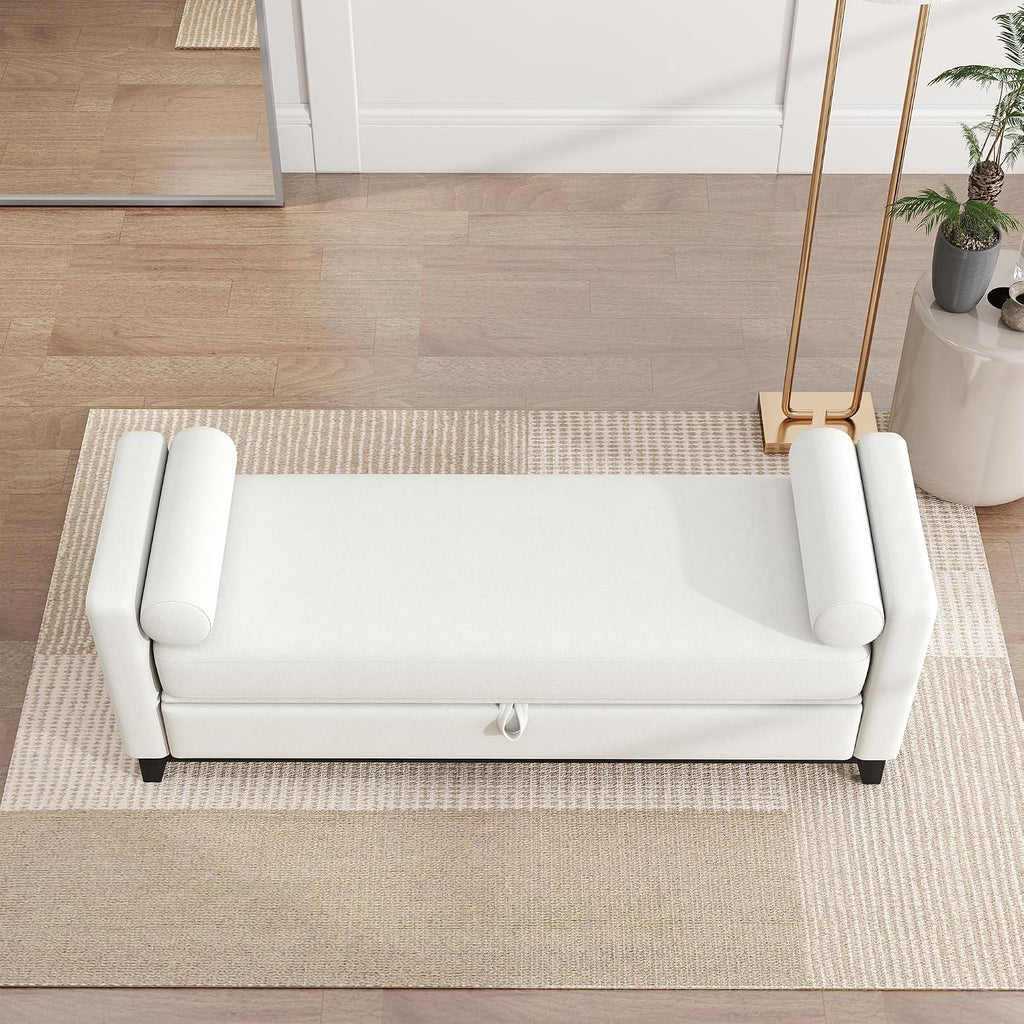 KEIKI Upholstered End of Bed Storage Bench, 66" Modern Bedroom Bench Indoor Bench with 2 Bolster Pillows, Entryway Bench with Solid Wood Frame for Bedroom Living Room, Beige+Black