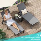 Amopatio Patio Lounge Chairs with Wheels 2 Outdoor Chaise Lounges and 1 Side Table for Poolside Adjustable Lounge Chair with Heavy-Duty Steel Frame for Backyard Poolside,400 LBS Capacity, Gray
