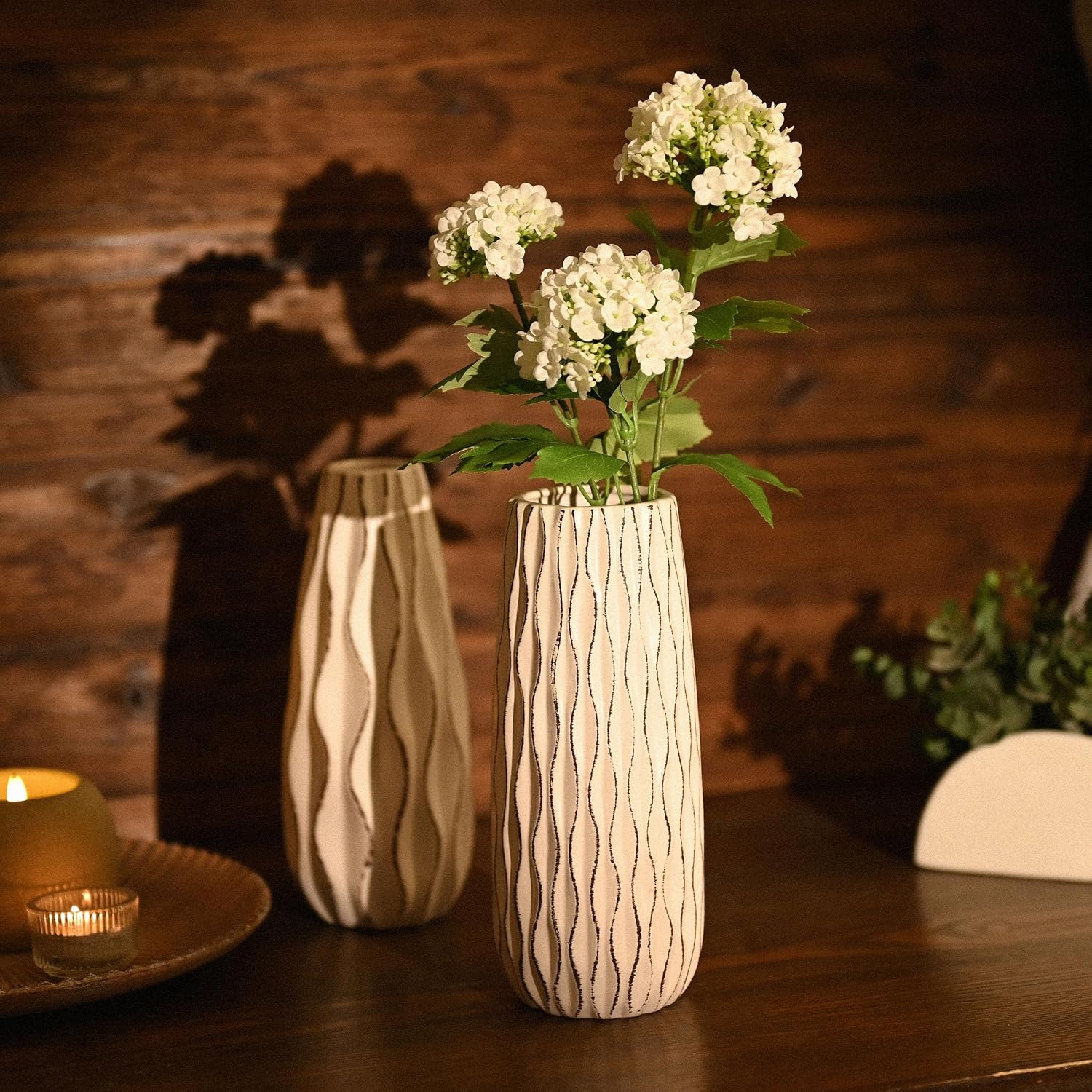VICTOR & TERESA Ceramic Vase for Flowers, 10'' Set of 2 Decorative White Vases for Home Decor, Farmhouse Vases for Pampas Grass, Table, Mantel, Living Room, Shelf, Centerpieces, Gifts for Mom