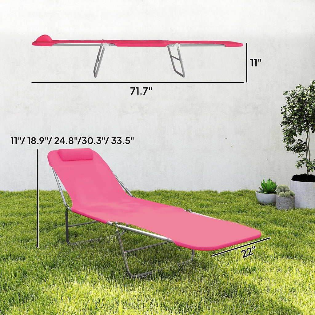 Outsunny Folding Chaise Lounge Chair, Pool Sun Tanning Chair, Outdoor Lounge Chair with Reclining Back, Breathable Mesh Seat, Headrest for Beach, Yard, Patio, Pink
