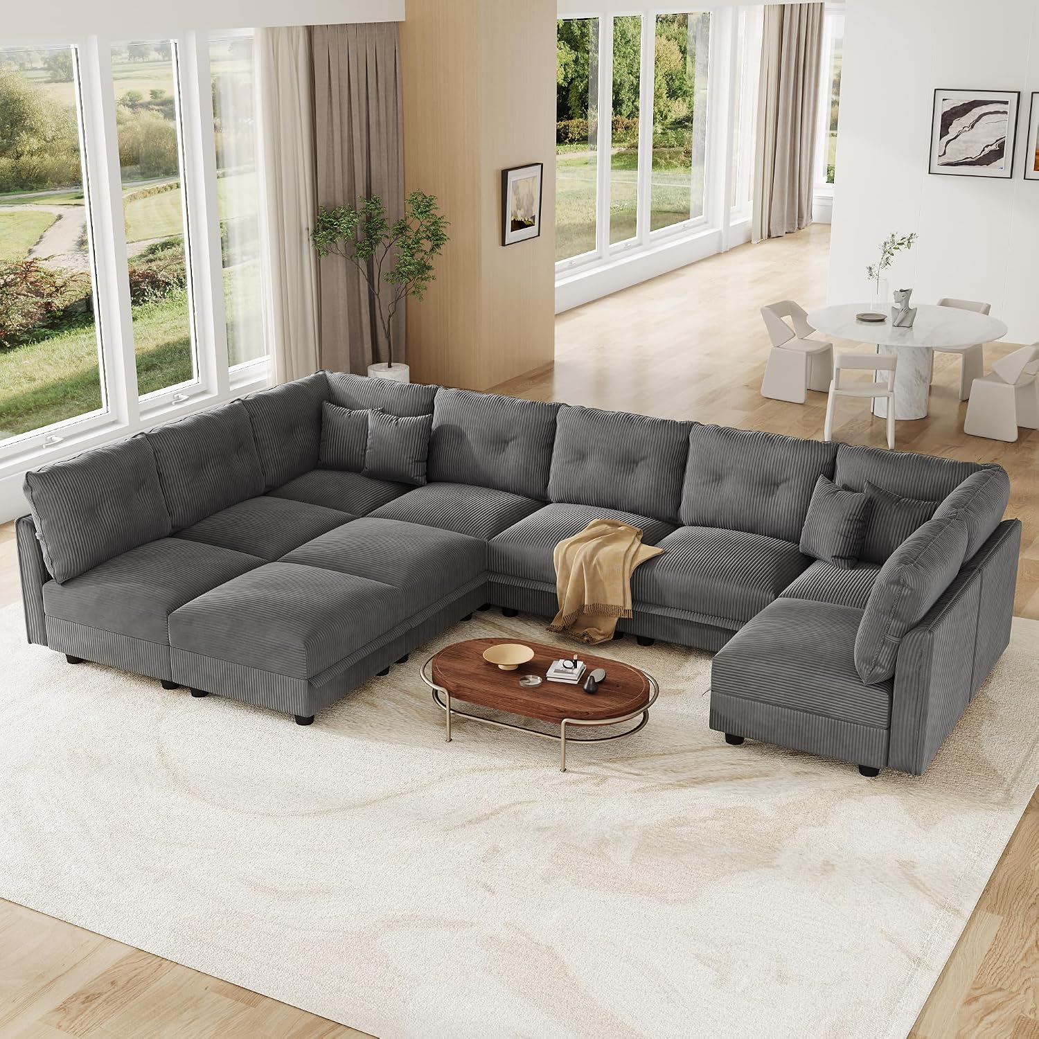 LLappuil 10 Seater Sectional Sofa with Storage, U Shaped Corduroy Modular Couch with 10 Throw Pillows, Convertible Pet-Friendly Sofas for Living Room & Large Space, Reconfigurable, Grey