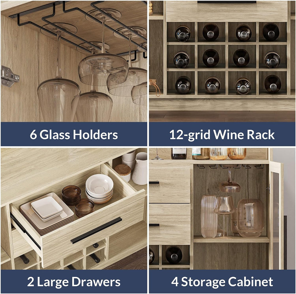 BELLEZE 55" Wine Cabinet, Sideboard Buffet with Wine Rack and Glass Holder, Home Coffee Bar Freestanding Liquor Cabinet with Display Glass Doors for Living Room, Dining Room - Marcel (White Lotus)