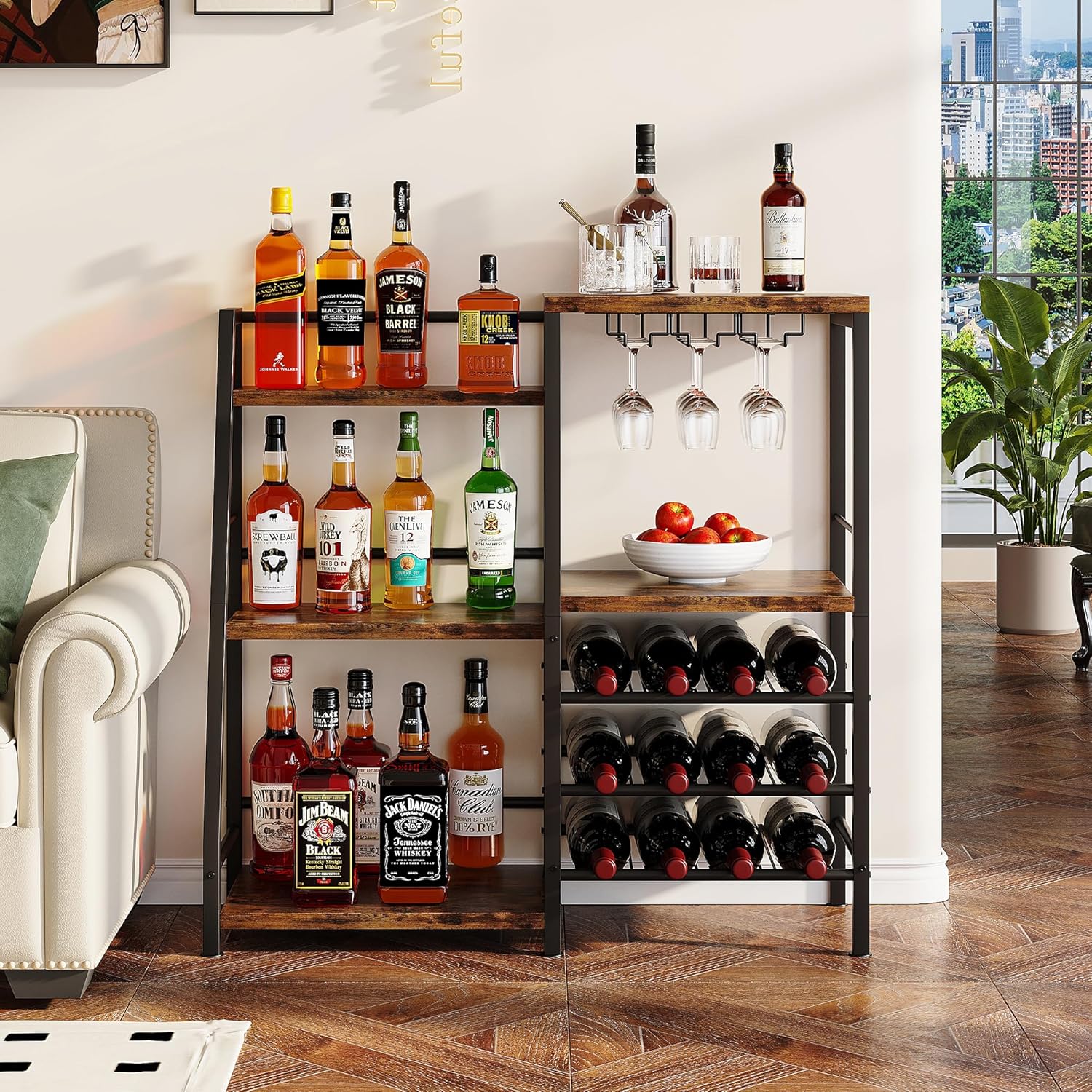 Homeiju Liquor Cabinet Bar for Home Bar, 3 Tier Wine Rack Freestanding Floor with Glass Holder and Fences, Trapezoidal Liquor Bottle Display Shelf for Liquor Whiskey Wine, Brown