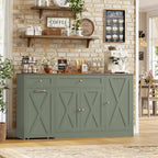 HOSTACK 59"W Kitchen Buffet Cabinet with Storage, Coffee Bar Cabinet, Green | Large Sideboard with Charging Station & Small Rolling Cart, Farmhouse Buffet with Adjustable Shelf & 2 Drawers & Door Rack