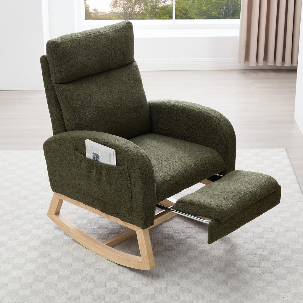 Rocking Chair, Nursery Rocking Chair, Teddy Fabric Rocker, Adjustable Footrest, Headrest, Side Pocket, Solid Wood Base, 15 Degree, Green