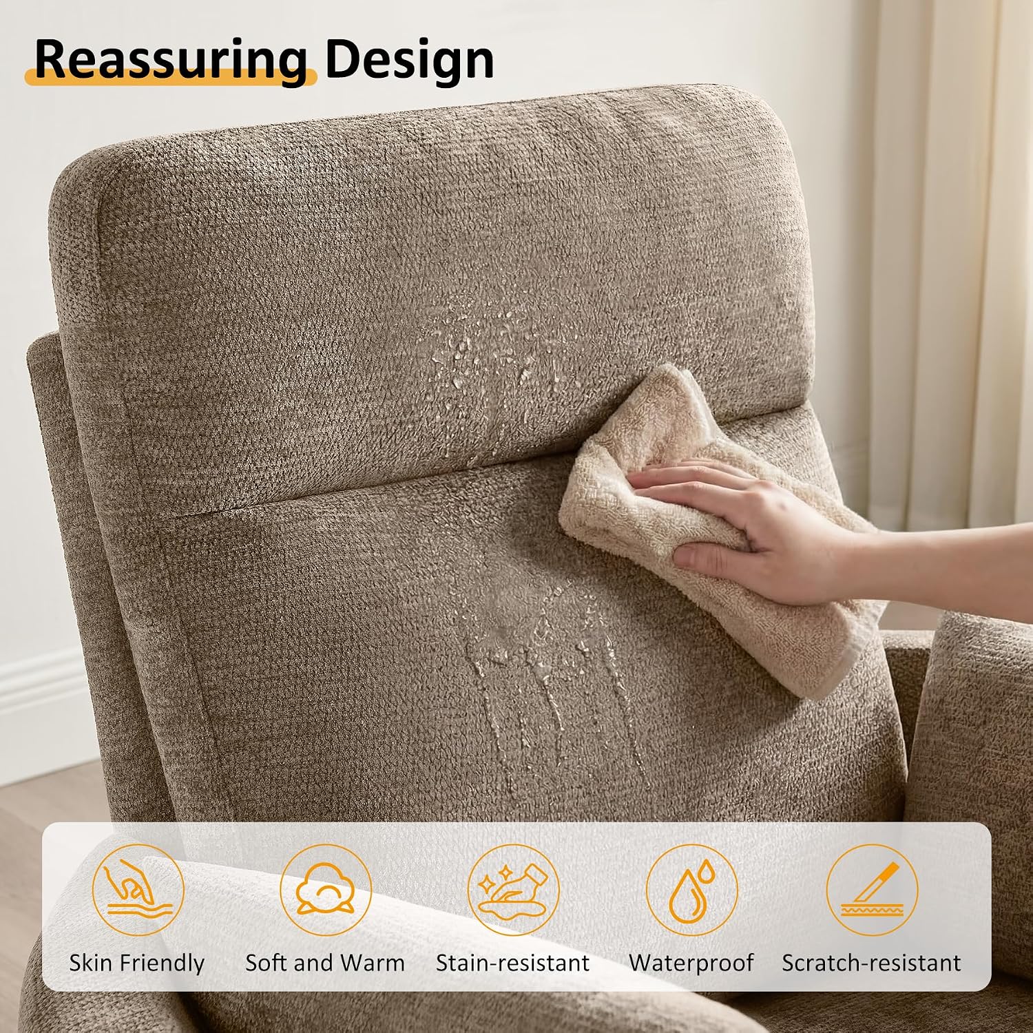 Oversized Nursery Rocking Chair, 360° Swivel Glider Recliner Chair, Chenille Silent Nursery Chair with 2 Pillows and Footrest, Cozy Reclining Sofa for Living Room, Bedroom, Nursing, Camel