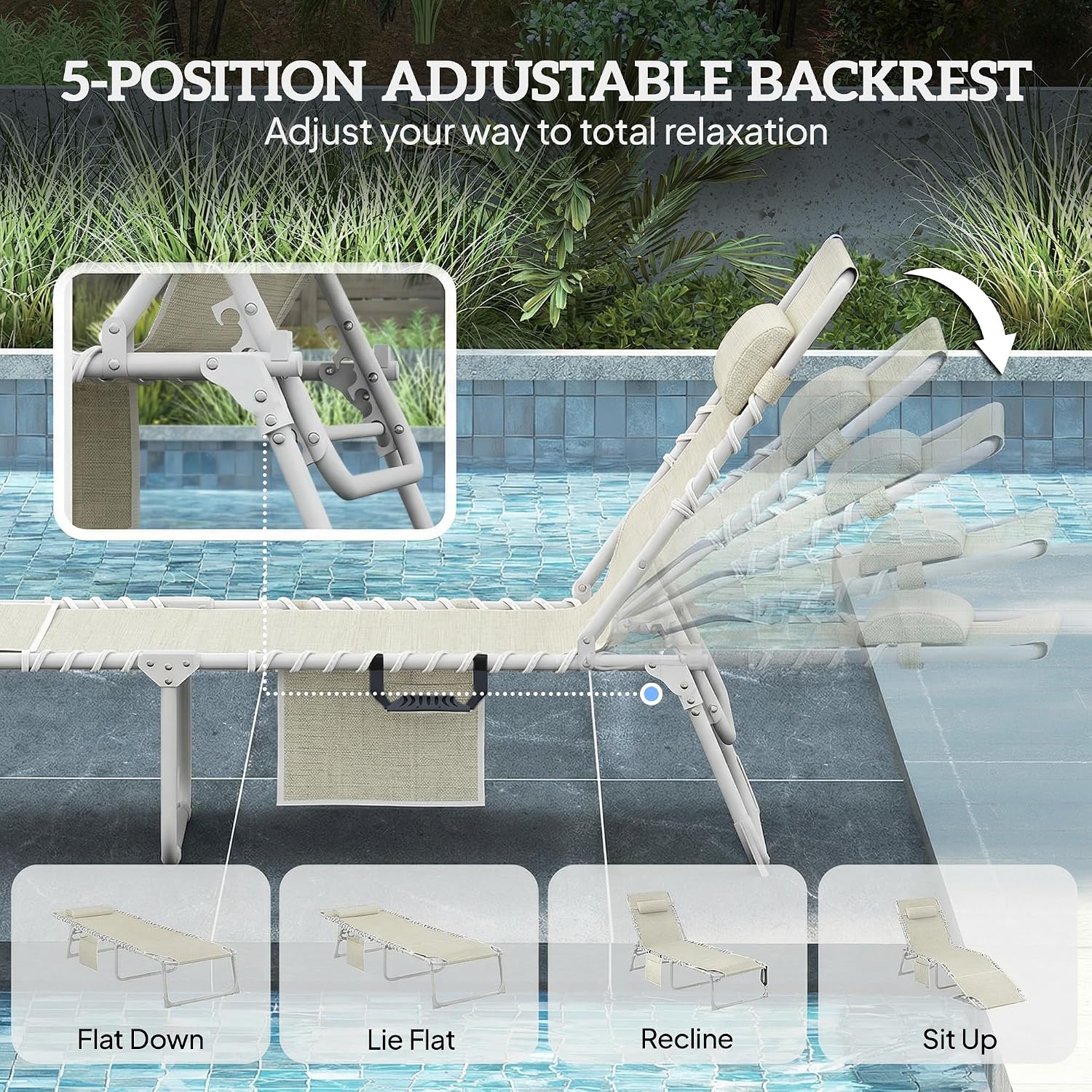 Outsunny Tanning Chair with Face Hole, Side Table, 5-Position Reclining Folding Chaise Lounge Chair Outdoor Lounger Recliner, Carry Straps for Beach Pool Camp, Breathable Mesh, Beige