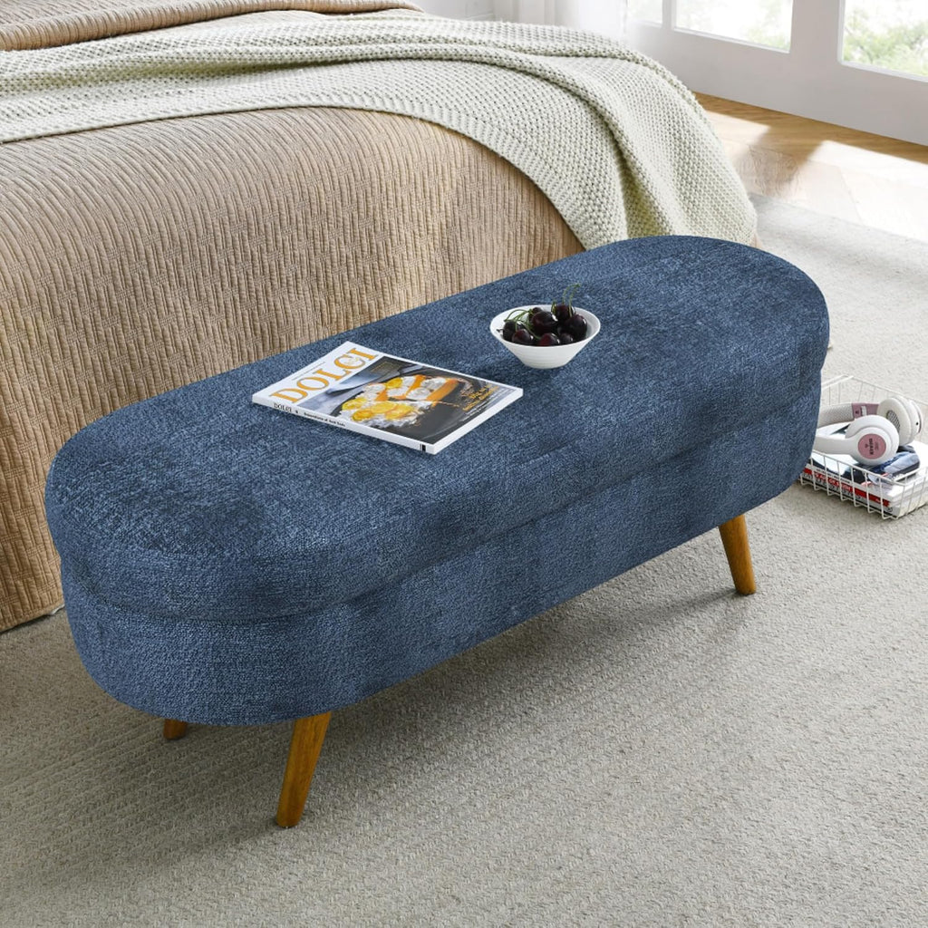Oval Storage Ottoman Bench, Linen Upholstered Hidden Storage Footstool, Multi-Functional End of Bed Bench for Entryway Living Room Bedroom, Modern Home Decor Furniture (Dark Blue)