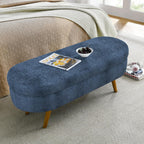Oval Storage Ottoman Bench, Linen Upholstered Hidden Storage Footstool, Multi-Functional End of Bed Bench for Entryway Living Room Bedroom, Modern Home Decor Furniture (Dark Blue)