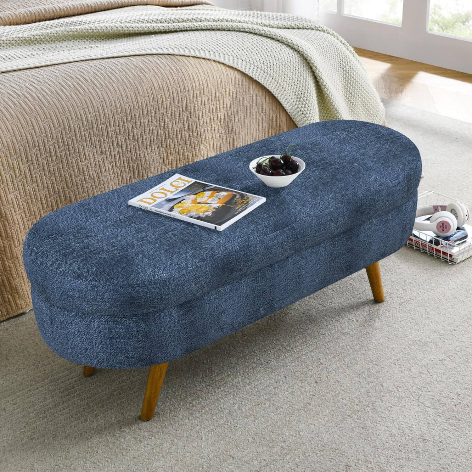Oval Storage Ottoman Bench, Linen Upholstered Hidden Storage Footstool, Multi-Functional End of Bed Bench for Entryway Living Room Bedroom, Modern Home Decor Furniture (Dark Blue)