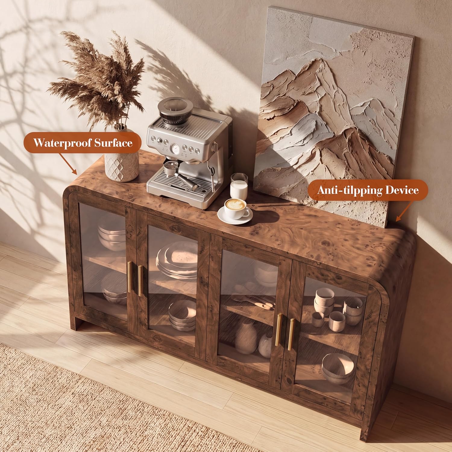 Curved Buffet Storage Cabinet, 59.7" Modern Sideboard with 4 Glass Doors & Adjustable Shelves, Wood Coffee Bar Console Table, Kitchen Cabinet Office Credenza, Hallway, Dark Burl