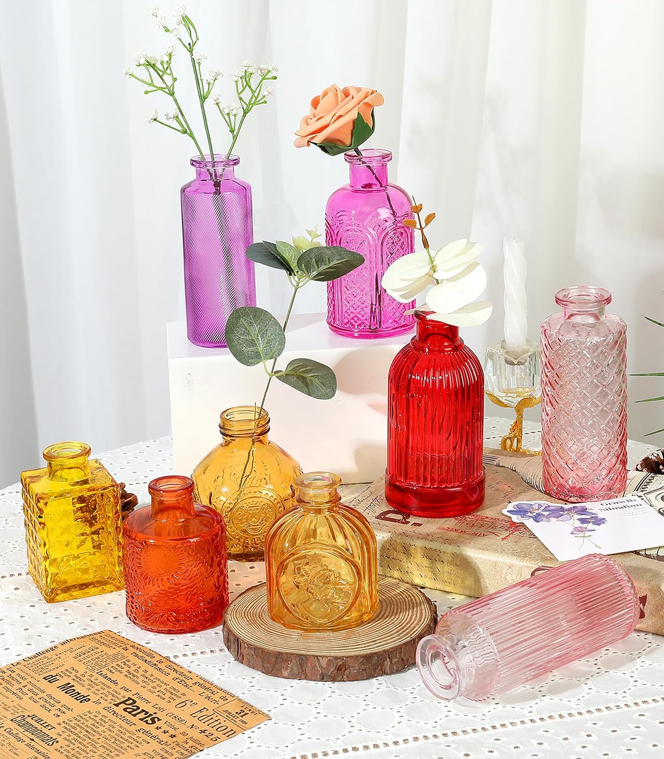 Set of 15 Colorful Glass Bud Vases - Small Textured Flower Vases for Centerpieces, Wedding Table Decor, Retro Home Decor Bulk Vase Set for DIY, Events & Gifts