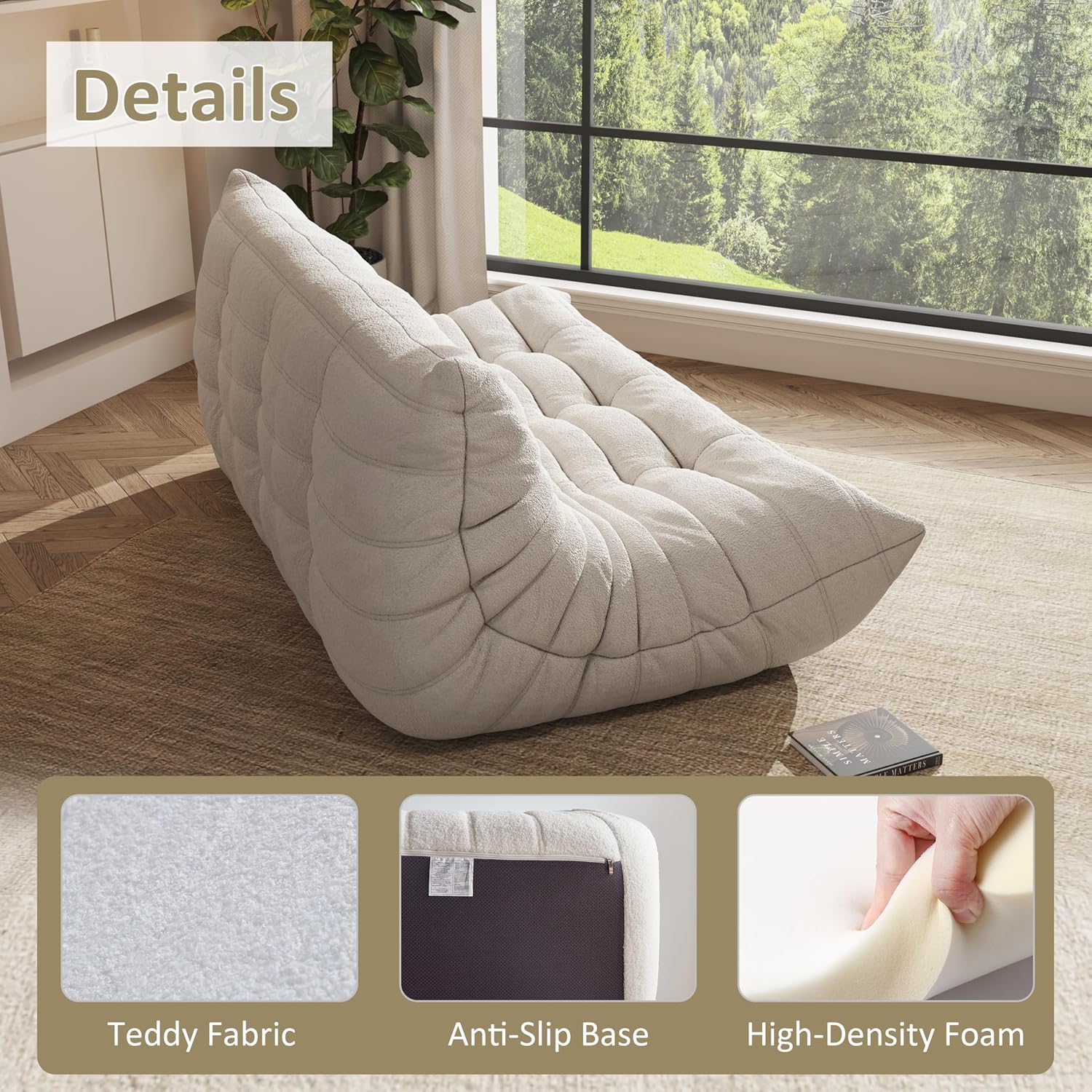 Giant Bean Bag Chair, Oversized Cloud Soft Memory Foam Bean Bag Sofa, Vacuum Compressed No Assembly Comfortable Lounge Couch for Living Room Family Rest Leisure Use (White, 3-Seater)
