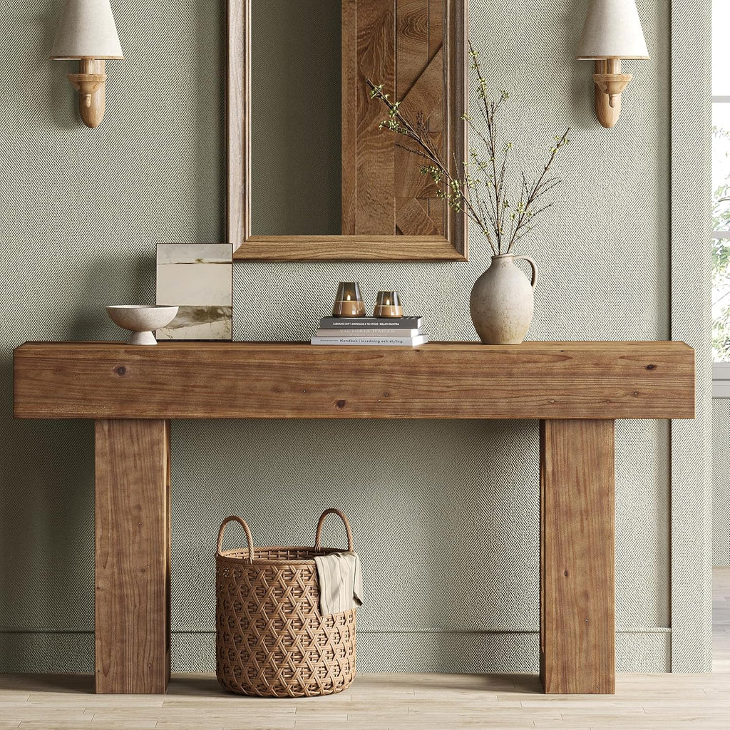 Solid Wood Console Table, 63-Inch Long Farmhouse Entryway Table, Sofa Console Behind Couch, for Foyer, Hallway, Living Room, Dark Brown