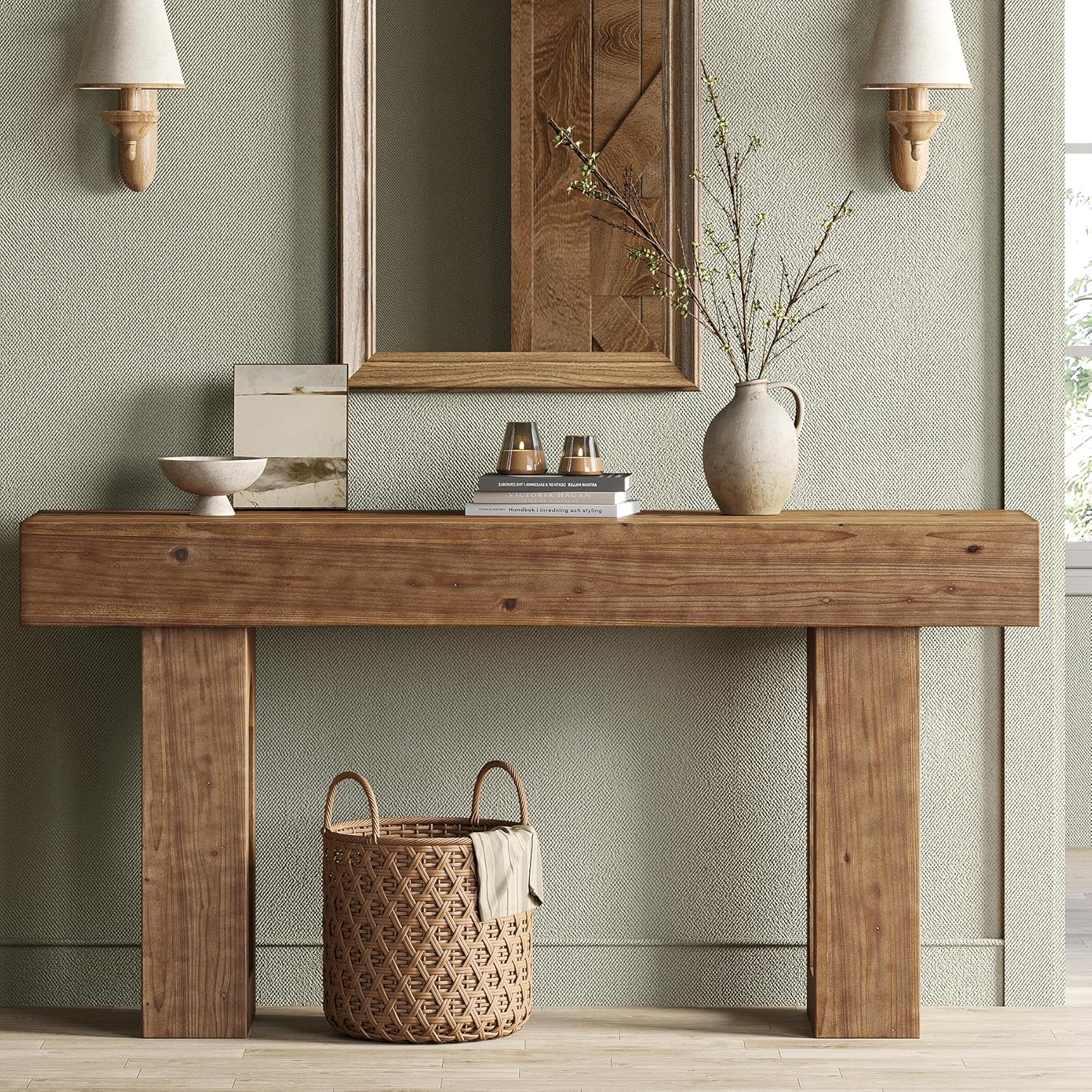 Solid Wood Console Table, 63-Inch Long Farmhouse Entryway Table, Sofa Console Behind Couch, for Foyer, Hallway, Living Room, Dark Brown
