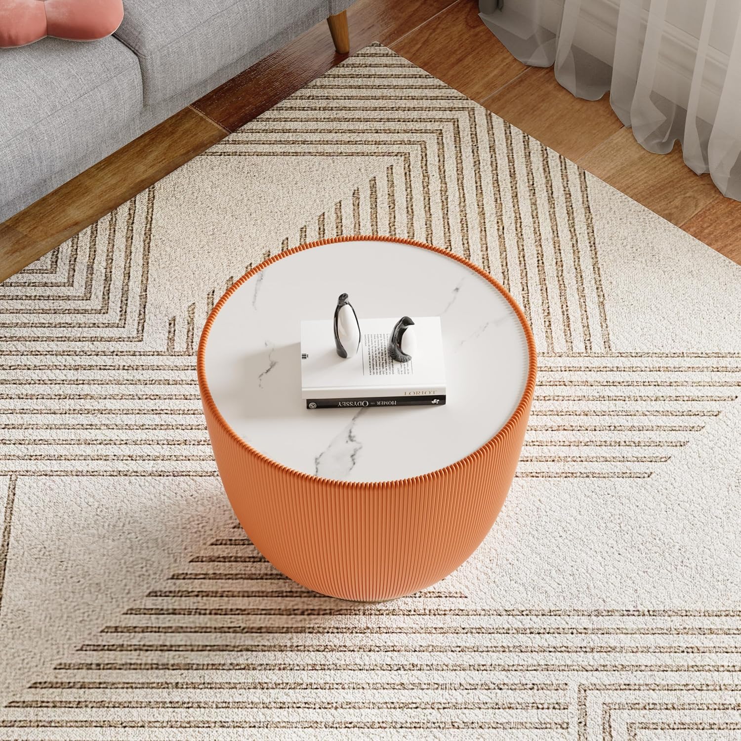 Modern Bowl-Shape End Table with Marbled Top, 19.69" Round Sofa Side Table with PU Leather Metal Base, Otange Center Table Cocktail Table, Small Accent Nightstand for Living Room