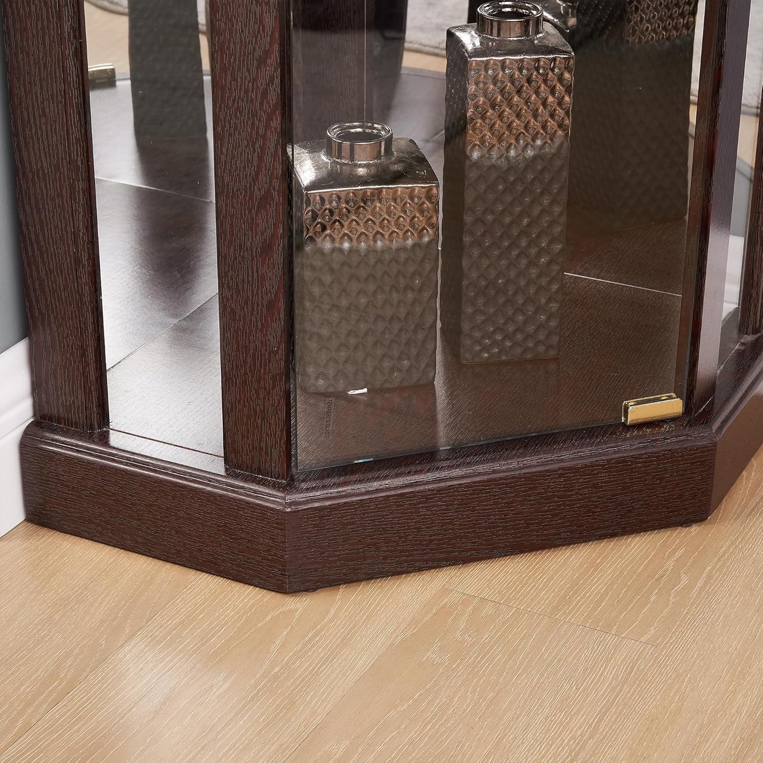 69" H Lighted Corner Display Cabinet, Curio Corner Glass Cabinet w/Adjustable Shelves & Glass Door, 5-Tier Wooden Storage Display Case w/Mirrored Back Pane for Living Room