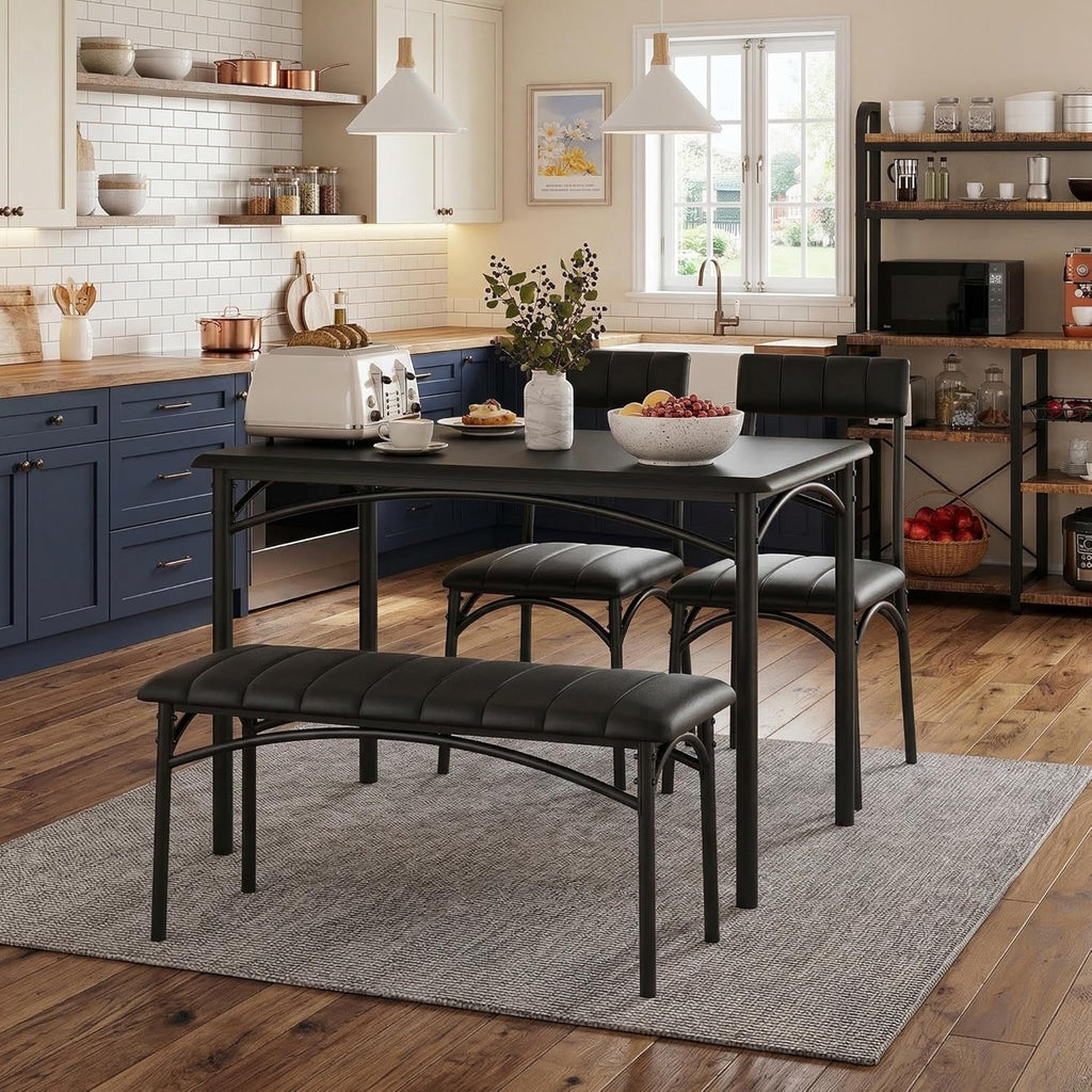 GarveeHome Dining Table Set for 4, Kitchen Table with Upholstered Chairs and Bench, Wood Rectangular Dining Table and Chairs Set for Small Space, Apartment, Dinner, Rustic Black