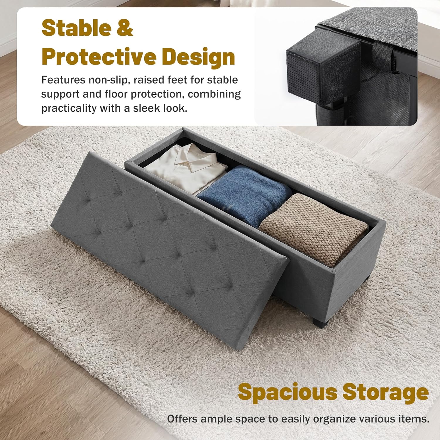 DUMOS Upholstered Storage Bench, End of Bed Ottoman, Extra Large 46.5 Gal (176L) Internal Volume, Foot Stool for Bedroom, Living Room, Sturdy Storage Chest, Dark Grey, 43.3" L x 15.7" W x 15.7" H