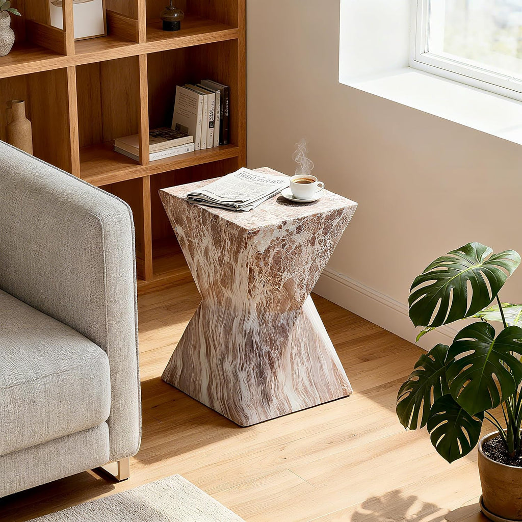 End Tables 12.4" Faux Marble Side Table, Indoor and Outdoor Marble Accent Table for Living Room, Patio, Garden