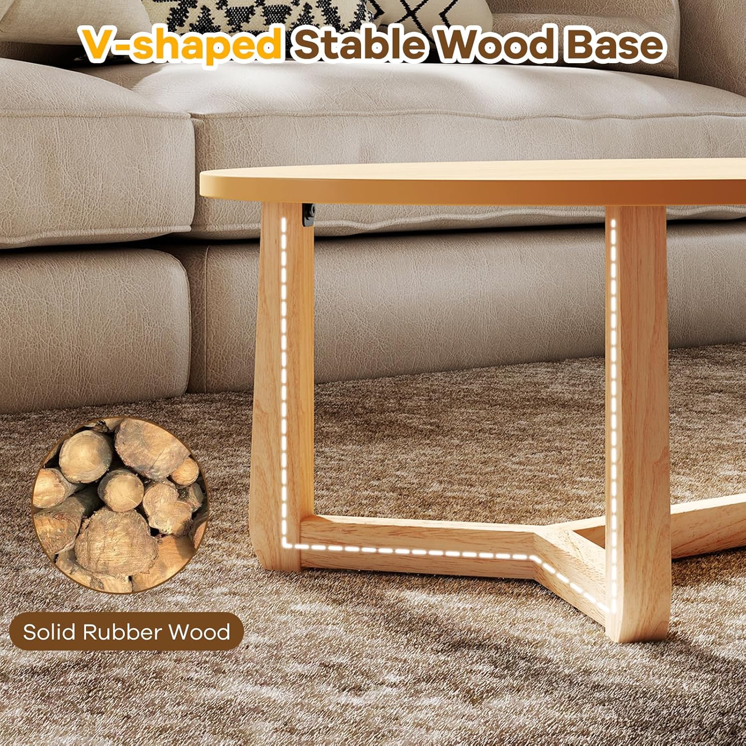 Giantex Oval Coffee Table and End Tables Set of 3, Mid Century Modern Coffee Table and 2 Round Side Tables w/Wood Veneered Top & Solid Rubber Wood Leg, Living Room Table Set for Small Space