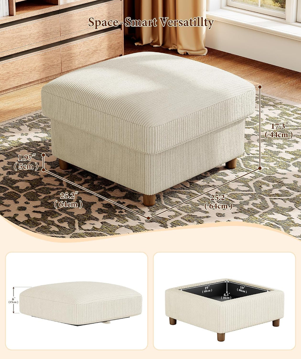 Kidirect Corduroy Ottoman with Storage, 25" Oversize Ottomans, Tool-Free Setup Storage Bench for Bedroom, Solid Wood Foot Rest, Comfy Foot Stool, Square Ottoman Coffee Table for Living Room, Beige