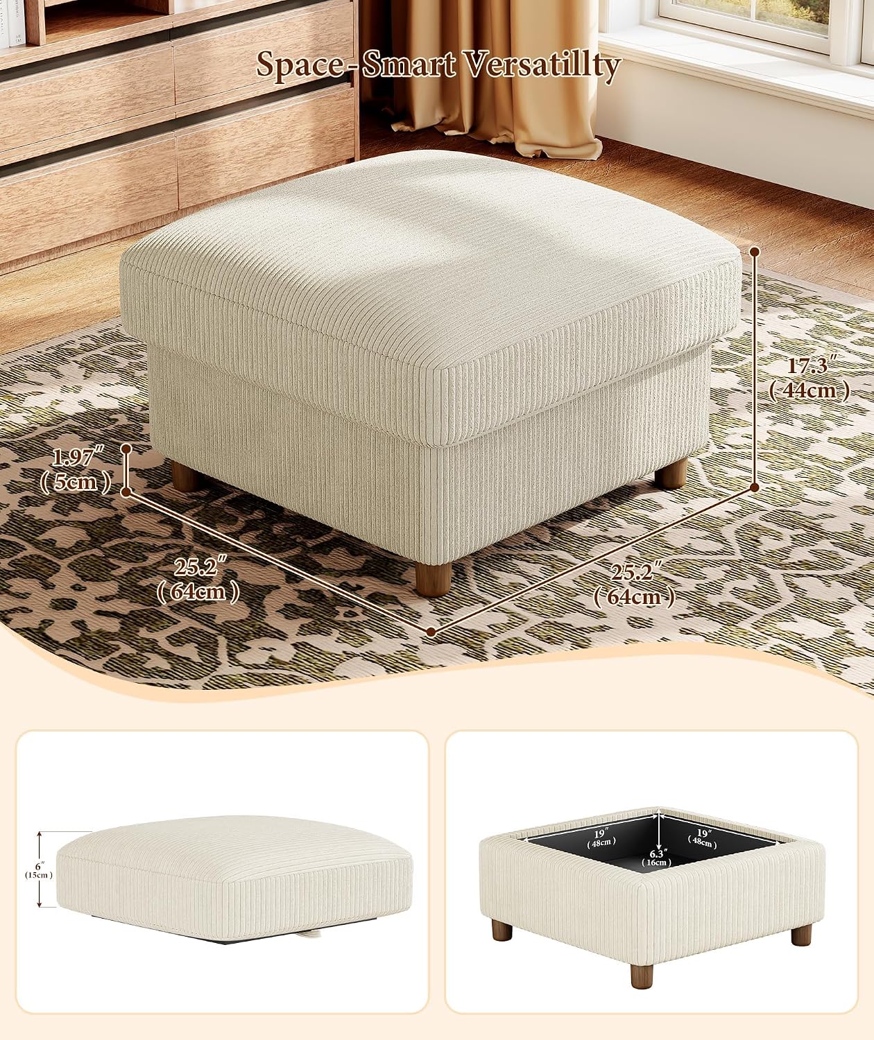 Kidirect Corduroy Ottoman with Storage, 25" Oversize Ottomans, Tool-Free Setup Storage Bench for Bedroom, Solid Wood Foot Rest, Comfy Foot Stool, Square Ottoman Coffee Table for Living Room, Beige