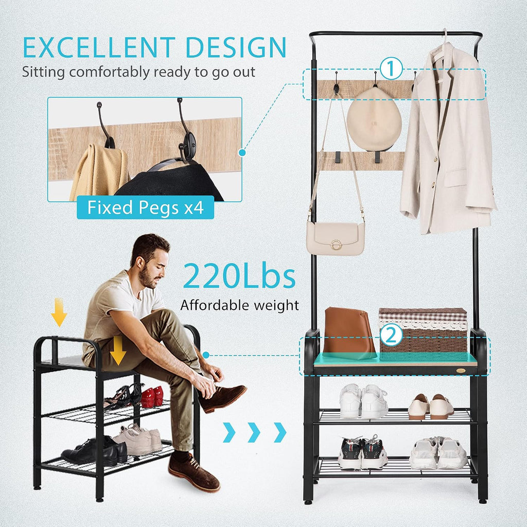 VIVOHOME 3-in-1 Entryway Hall Tree, Heavy Duty MDF Stand Coat Rack with Storage Bench, Industrial Wood Furniture with Stable Metal Frame, 8 Hooks, Light Brown