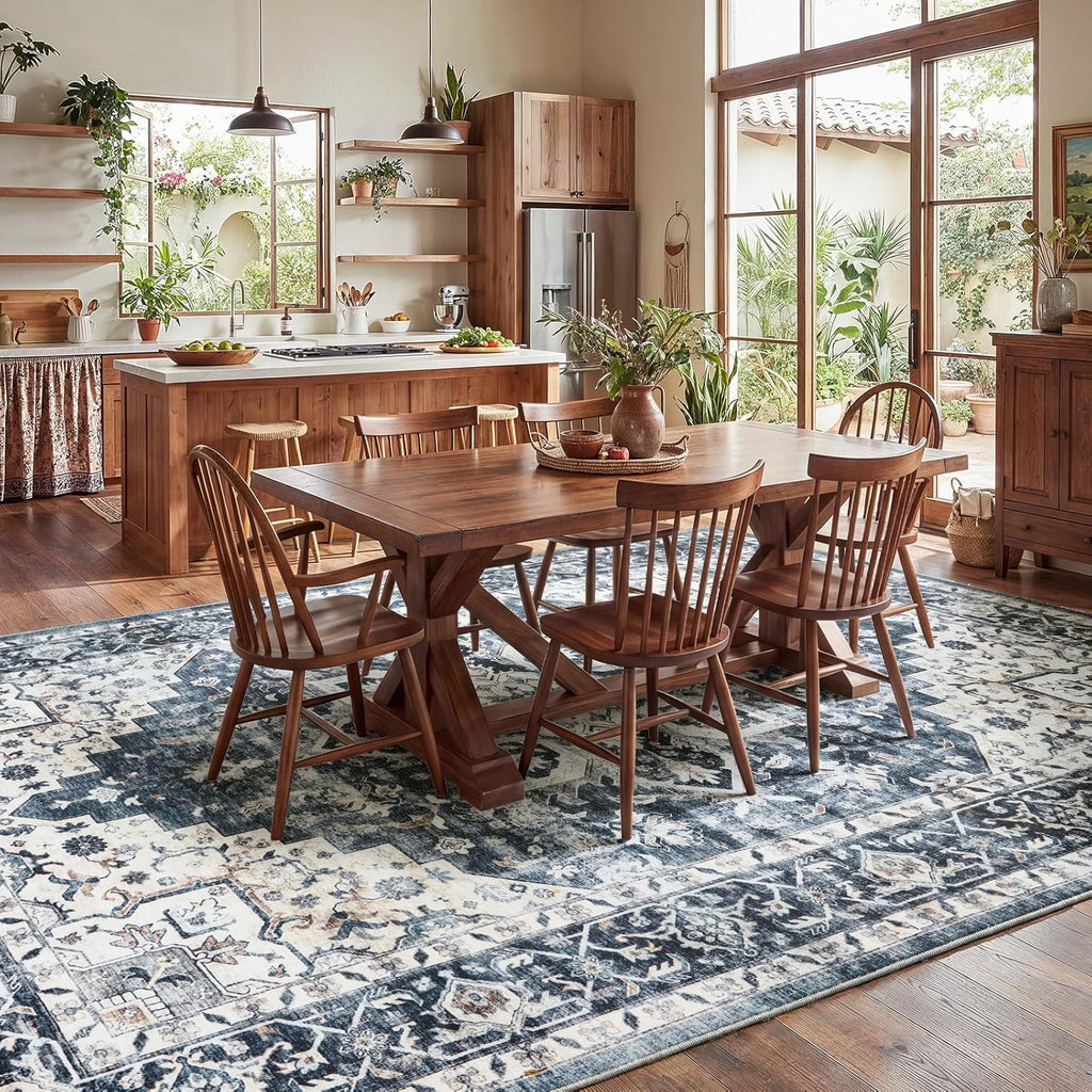 AMADA HOMEFURNISHING 8x10 Washable Area Rug, Low-Profile with Non-Slip Backing & Durable Edge Binding, Vintage Large Rugs for Living Room, Bedroom, Dining Room, Blue