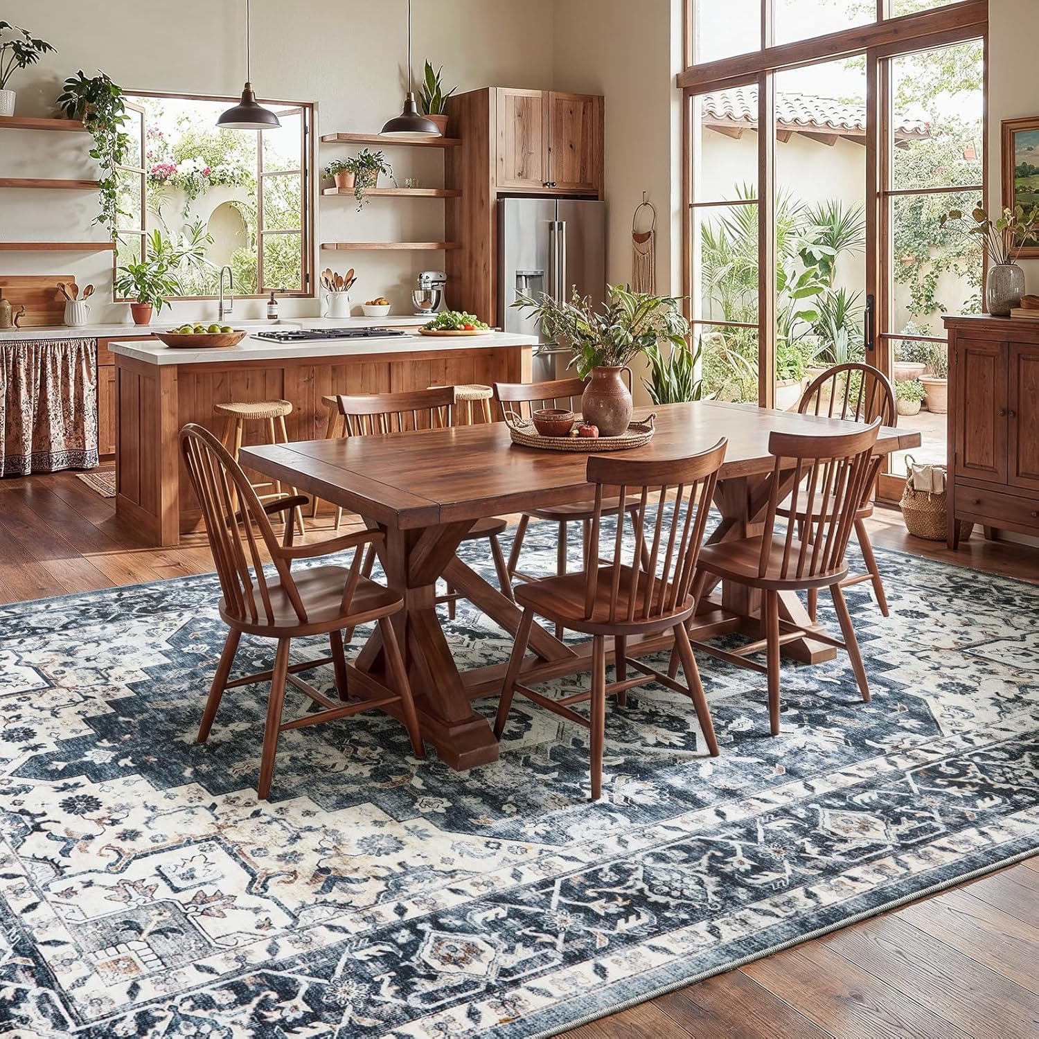 AMADA HOMEFURNISHING 8x10 Washable Area Rug, Low-Profile with Non-Slip Backing & Durable Edge Binding, Vintage Large Rugs for Living Room, Bedroom, Dining Room, Blue
