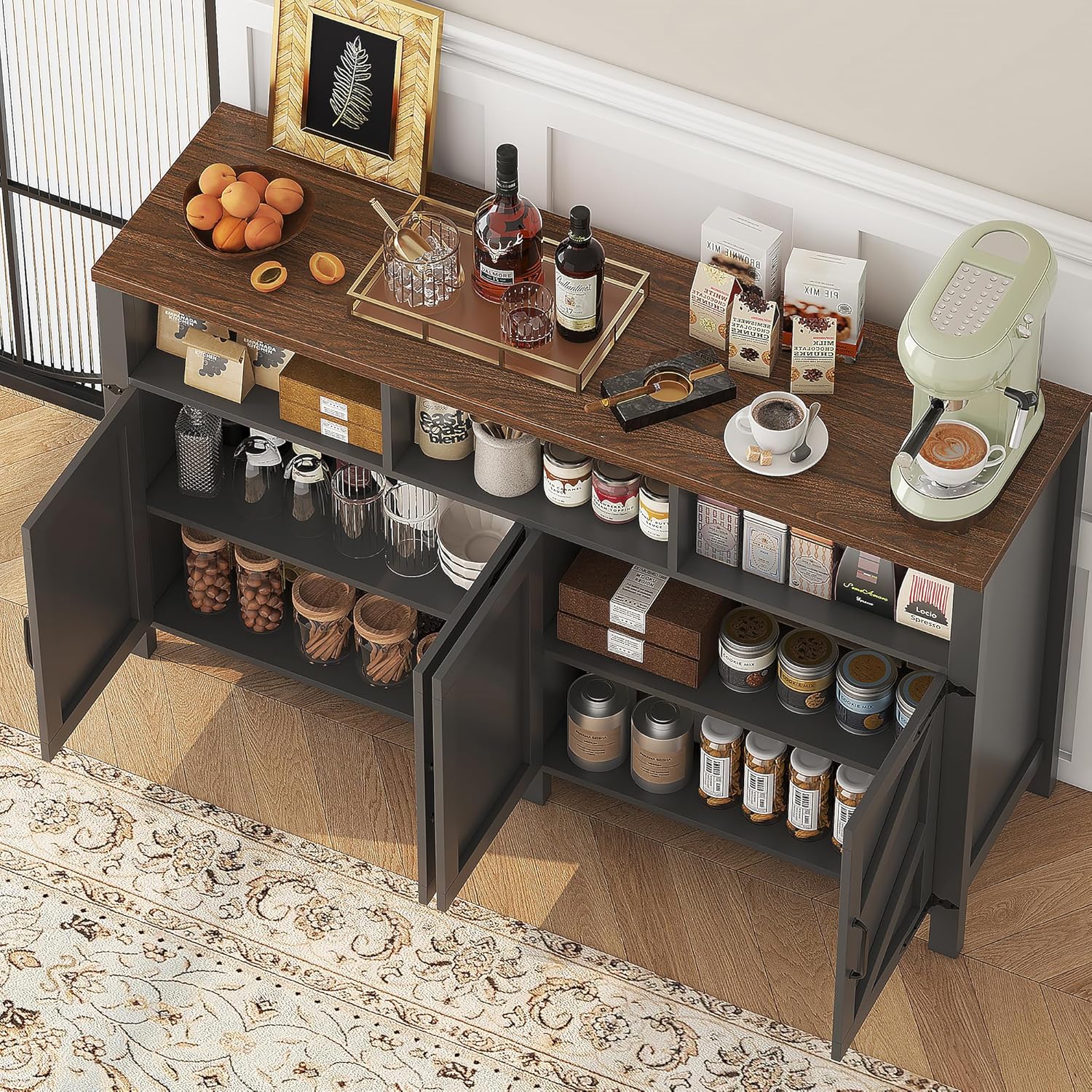 knoworld 55'' Farmhouse Buffet Sideboard with Storage, 4 Doors & Shelves, Large Wood Kitchen Storage Cabinet, Coffee Bar Buffet Table for Kitchen, Dining Room, Entryway