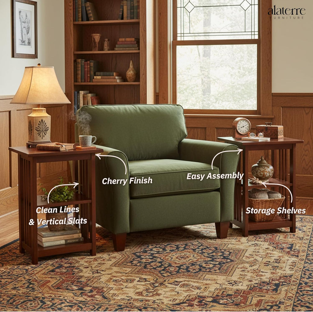 Alaterre Furniture Mission 3-Tier End Table Set of 2 – Craftsman Style Wood Side Table with Vertical Slat Side Panels and Open Storage for Living Room, Bedroom, or Cozy Reading Nook (Cherry)