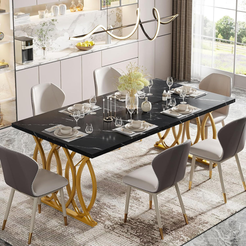 Tribesigns Modern Dining Table, 63" Large Kitchen Table for 4-6 People, Unique Rectangular Dinner Table Kitchen & Dining Room Furniture with Black Faux Marble Tabletop and Geometric Legs