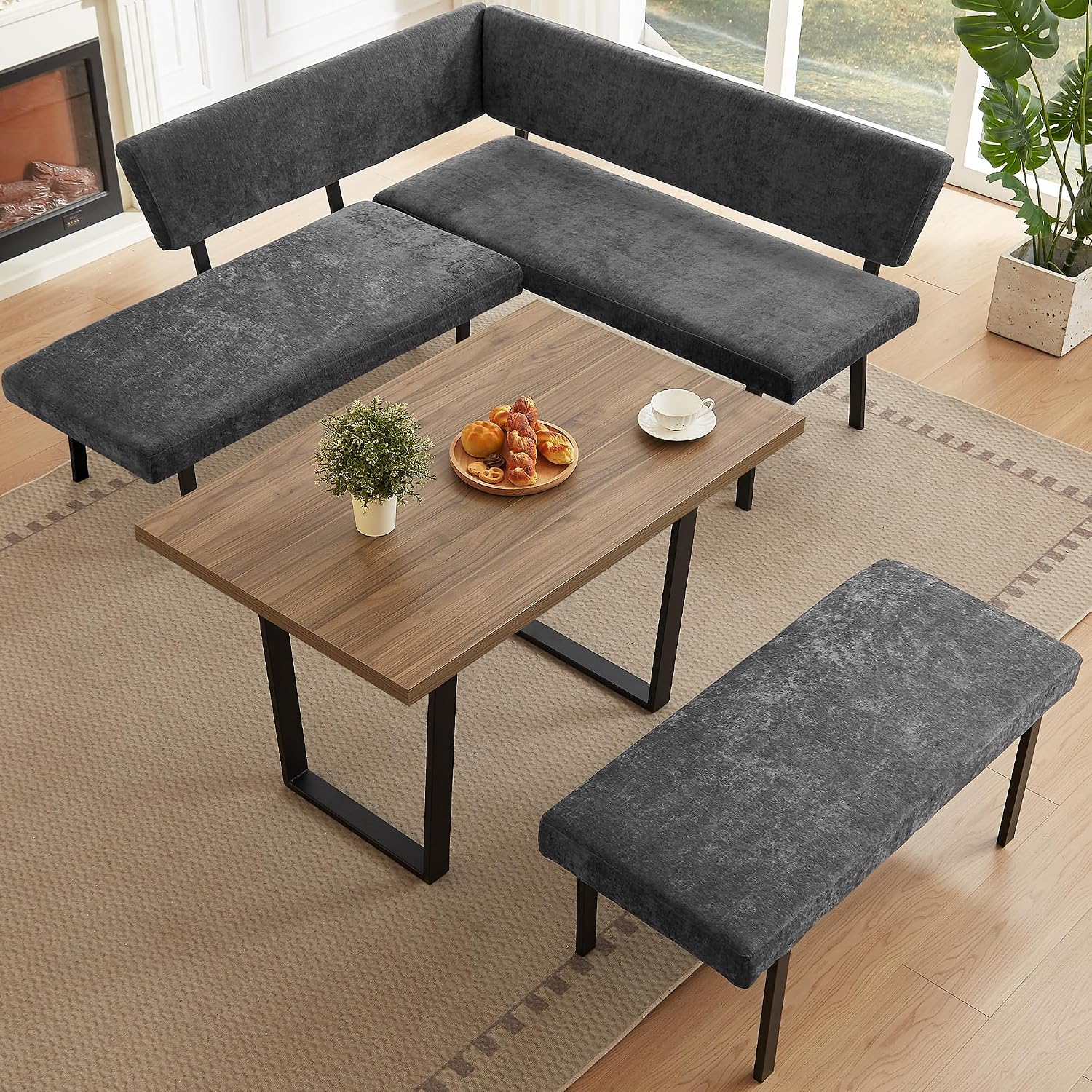 HIPIHOM 3-Piece Corner Dining Table Set with Bench, 67 Inch Space-Saving Breakfast Nook for Kitchen & Dining Room (Walnut Table & Grey Bench)