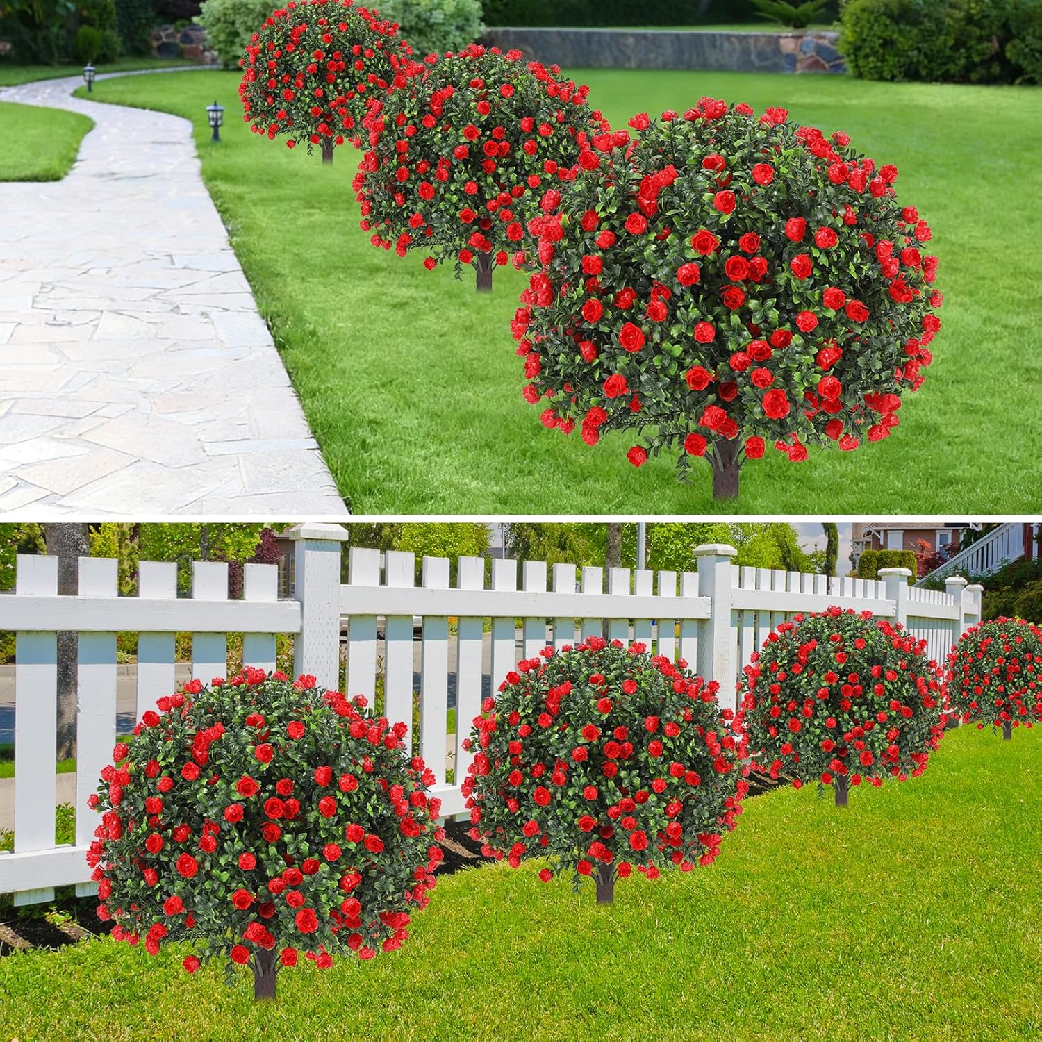 25" Artificial Red Rose Topiary Ball Trees with Ground Spike (Set of 2), UV Resistant Faux Plants into Anywhere, Evergreen Boxwood Shrubs, for Indoor Outdoor Front Porch Garden Backyard Decor
