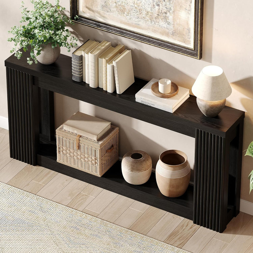 Maupvit Fluted Wooden Console Table with 2 Storage, 71 Inches Rectangular Entryway Table Behind The Couch, Farmhouse Boho Sofa Table for Entrance, Hallway, Living Room (Black)