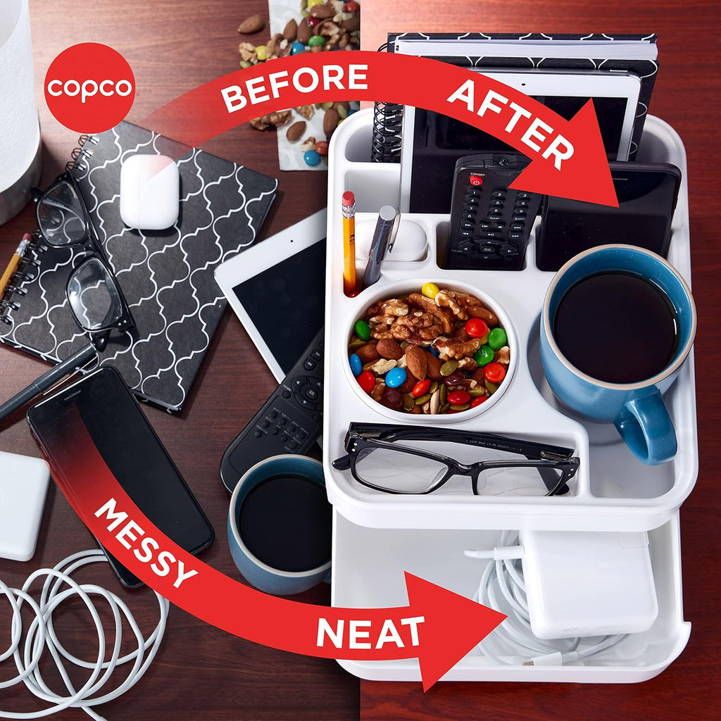 Copco Home Office Caddy Lazy Susan Organizer with Removable Snack Cup and Drawer - Desktop Turntable Storage for Snacks, Tablets, Phones, Remotes, Headphones - 10 x 8.5 x 4.5 Inches
