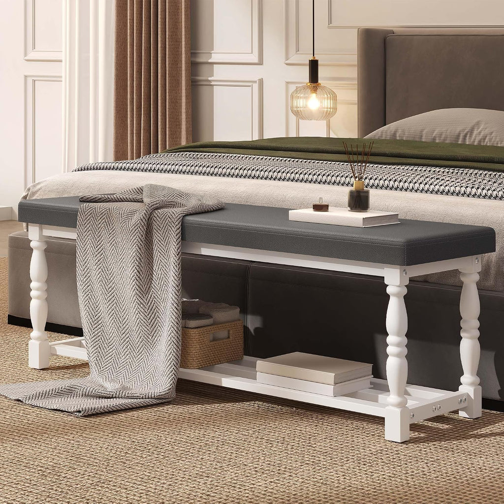 YITAHOME 48 Inch Entryway Bench, Storage Bench with Metal Shelf & Cushioned Seat, Indoor Shoe Rack Bench Seat for Dressing Room, Bedroom, Hallway, Entrance, Grey & White