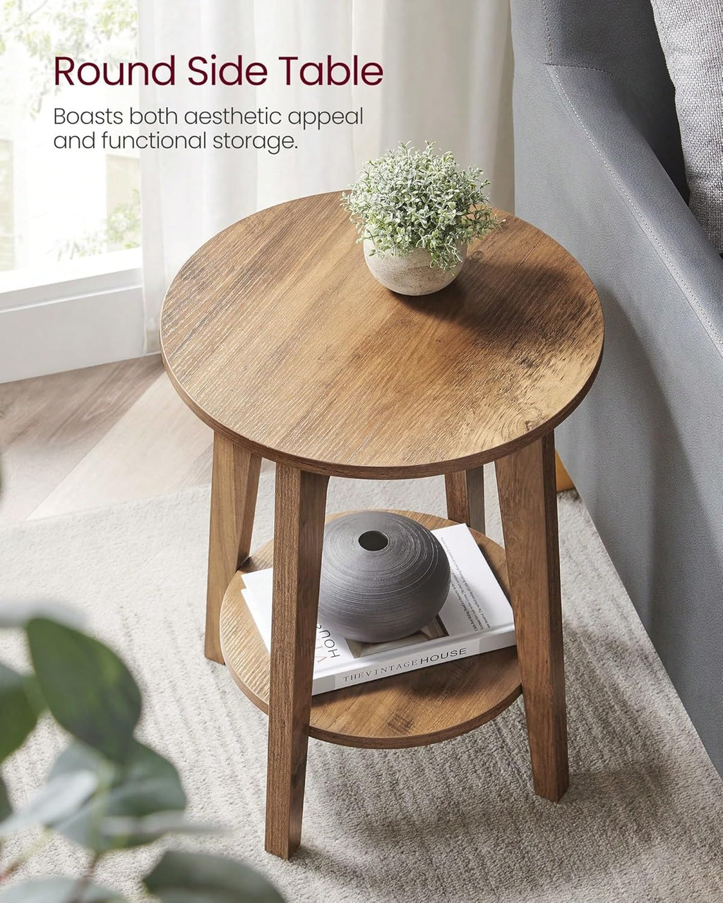 Round End Table with Lower Shelf, Particleboard, Grey and Brown, 15.8x19.7 Inch, 2-Tier Storage, Modern Style, Space-Saving Nightstand
