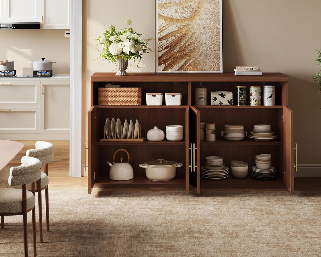 Fluted Buffet Cabinet with Storage, 63" Wide Wood Sideboard Credenza with 4 Doors & Open Storage Shelf, Modern Kitchen Entryway Accent Table for Dining Room Living Room, Kitchen, Hallway, Walnut