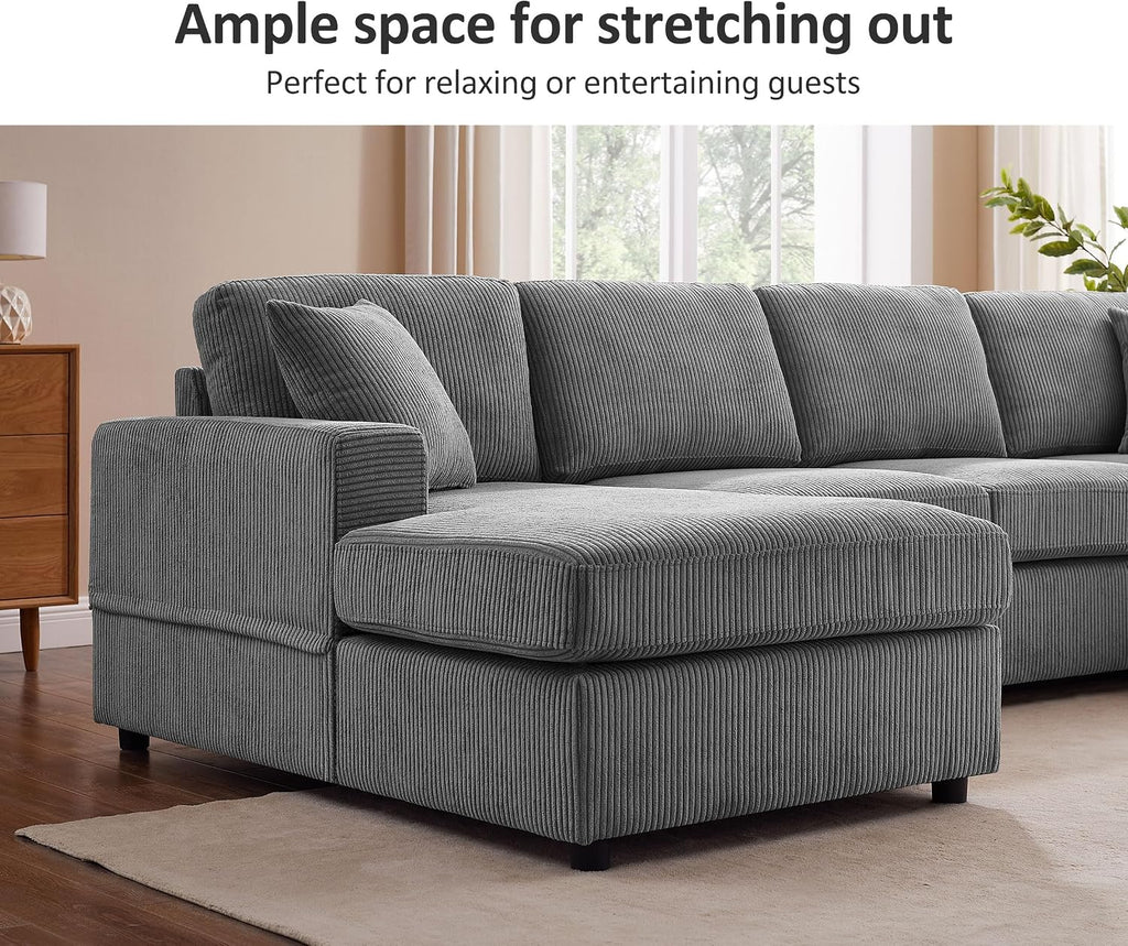 VANOMi 119" L-Shaped Sectional Sofa with Reversible Chaise, Modern Corduroy Couch with Deep Seats, 4-Seater Upholstered Sofa for Living Room or Apartment, Dark Grey