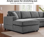 VANOMi 119" L-Shaped Sectional Sofa with Reversible Chaise, Modern Corduroy Couch with Deep Seats, 4-Seater Upholstered Sofa for Living Room or Apartment, Dark Grey