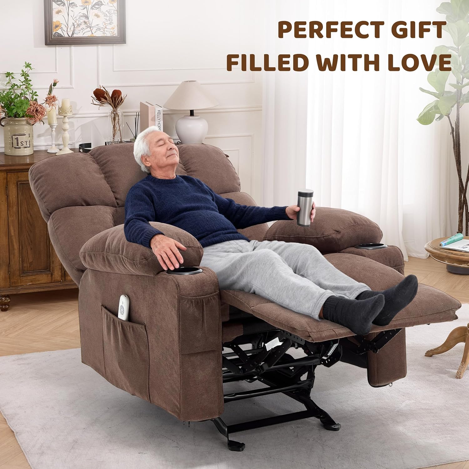 Massage Rocking Recliner Chair, Ergonomic Recliners Sofa with Vibration Massage & Heat, Rocking Chair Nursery Chair for Living Room Lounge with 4 Pockets, 2 Cup Holders, USB Charge Port, Brown