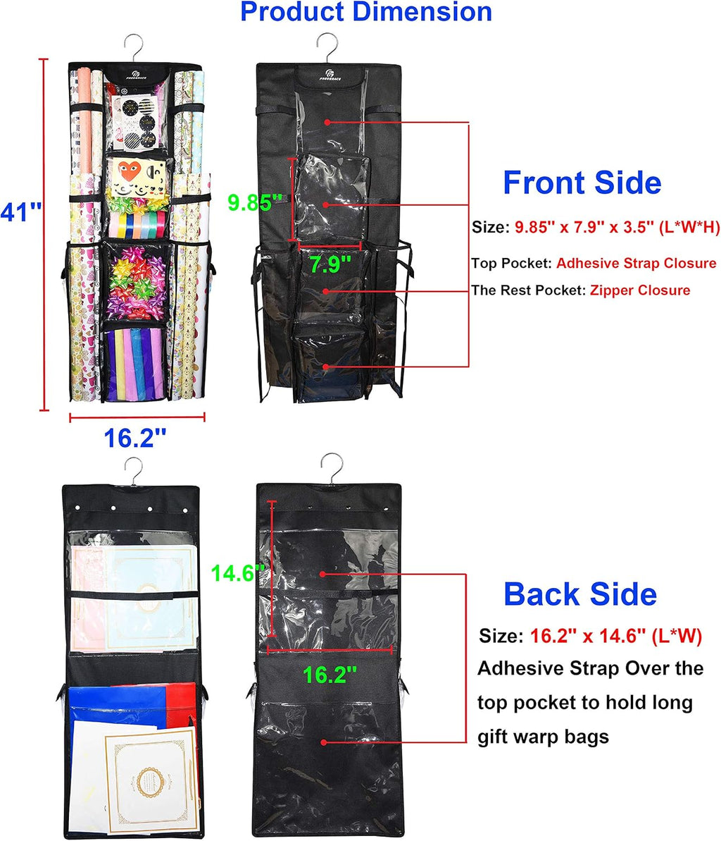 Freegrace Double-Sided Hanging Gift Wrap Organizer - Large 16 x 41 Inch Wrapping Paper Storage Bag - Tearproof 600D Oxford Closet Gift Bag & Ribbon Organization Storage Caddy, Beige (Black)