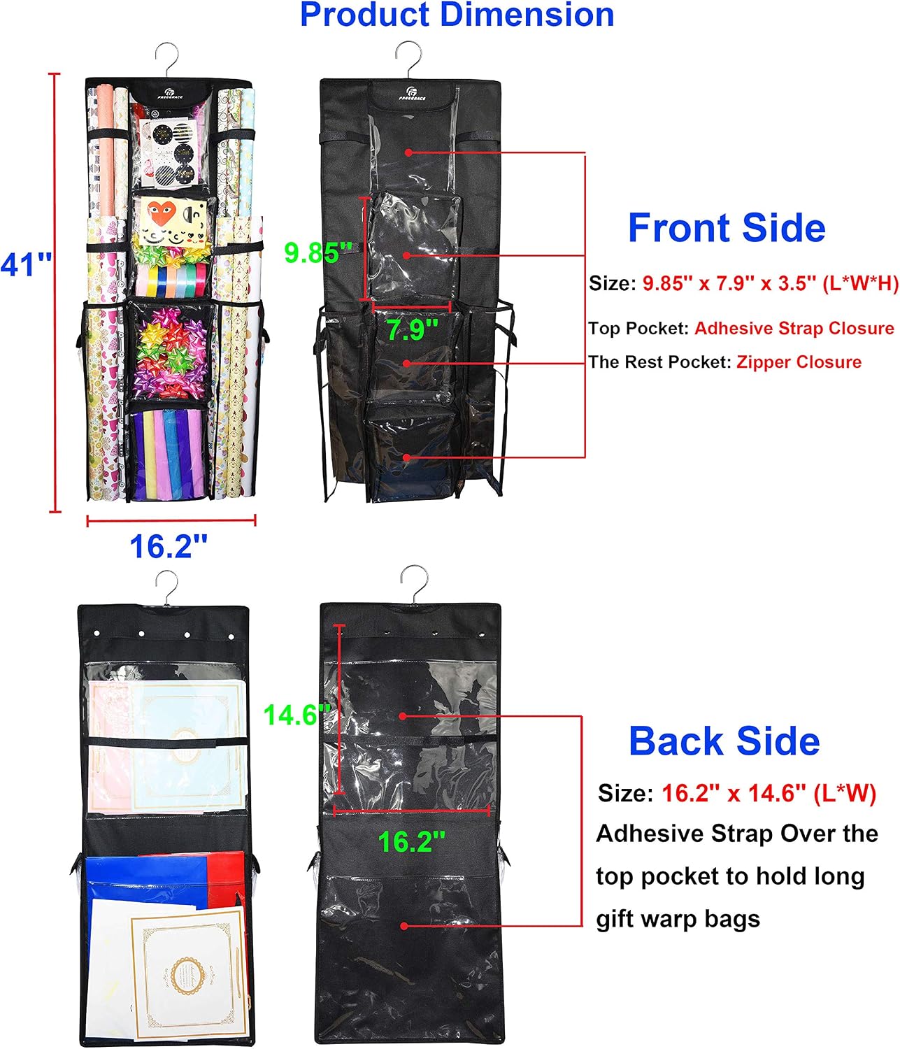 Freegrace Double-Sided Hanging Gift Wrap Organizer - Large 16 x 41 Inch Wrapping Paper Storage Bag - Tearproof 600D Oxford Closet Gift Bag & Ribbon Organization Storage Caddy, Beige (Black)