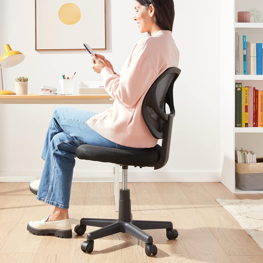 Amazon Basics Low Back Office Chair, Breathable Mesh, Height Adjustable, Padded Seat, Rolling Wheels, Swivel, Back Support, Sturdy, 21.25" D x 22.5" W x 38" H, Black