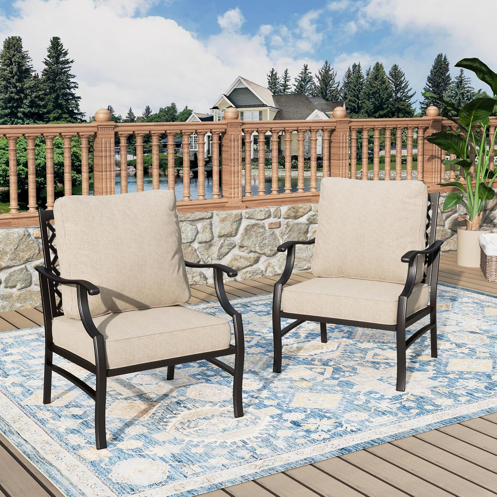 MIXPATIO Patio Chairs Set of 2, High Back Outdoor Patio Metal Leg Chairs with 5.75" Thick Cushions for Bistro Balcony Porch Deck and Yard, Beige